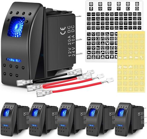 Nilight 6PCS 5PIN SPST Rocker Switches مع 6 مجموعات من أسلاك التوصيل مجموعة 20A / 12V 10A / 24V تشغيل / إيقاف تبديل مفاتيح مع ملصق توهج ليلي للشاحنات والقوارب والدراجات النارية السيارات، ضمان لمدة عامين (90131F)، أزرق in Saudi Arabia