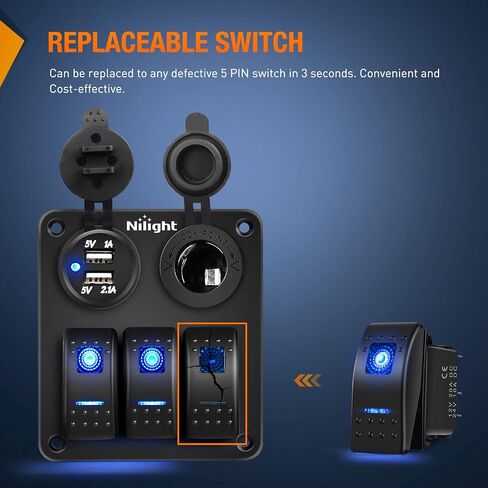 Nilight 6PCS 5PIN SPST Rocker Switches مع 6 مجموعات من أسلاك التوصيل مجموعة 20A / 12V 10A / 24V تشغيل / إيقاف تبديل مفاتيح مع ملصق توهج ليلي للشاحنات والقوارب والدراجات النارية السيارات، ضمان لمدة عامين (90131F)، أزرق in Saudi Arabia