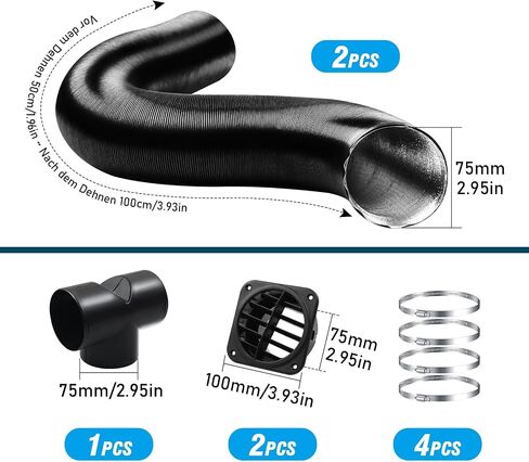DTNESS 75mm Auto Heater Pipe Ducting, 9Pcs T-Branch Warm Air Outlet Vent Kit, Vent Hose for We-Basto Pro-pex Ebers-pacher Diesel Parking Heater in Kuwait