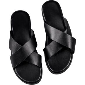 GORGLITTER Men's Criss Cross Double Band Slippers Round Open Toe Pu Leather Slippers