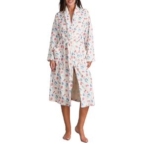 Owl's-Yard Women's Soft Summer Dressing Gown Floral Fruit Print Plush Shawl Collar Bathrobe Warm Lounge Robe with Belt