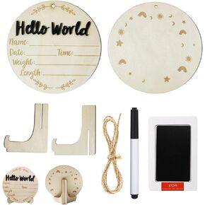 Baby Announcement Sign, Double-Sided Hello World Newborn Name Sign with Marker, Ink Pad, Footprints and Stand, Round Baby Nursery Name Signs, Wooden Birth Announcement Board for Nursery Gifts.