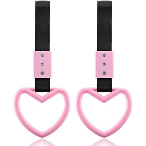 2 PCS Car Heart Hanging Accessories Drift Charm Pink Heart Handle Strap for Car Rear Bumper Warning Ring Decor Heart-Shaped Car Handle Straps Subway Bus Replace Handle Interior Exterior Decoration