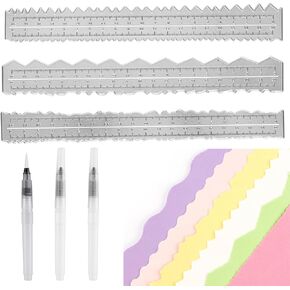 3 PCS Metal Paper Tearing Ruler Irregular Edges with Water Brushes Ruler Deckle Edges Ruler Measuring Embossing Cutting Dies for Card Making Scrapbooking Craft DIY Cutting Dies Tools (8.5x1Inch)