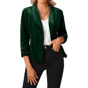 MINTLIMIT Women 3/4 Sleeve Velvet Blazer Open Front Casual Blazers Draped Lapel Office Jacket Cardigan (Dark Green, Size 2XL)