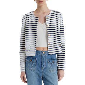 Blazers for Women Striped Crewneck Button Down Lightweight Cropped Jacket for Business Casual Work Interview