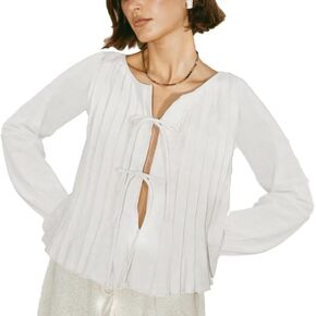 Women Blouse-Long Sleeve Boho Pleated Front Tie Solid Loose Fit Casual Tie Knot Y2k Lace Up Bow Going Out Top