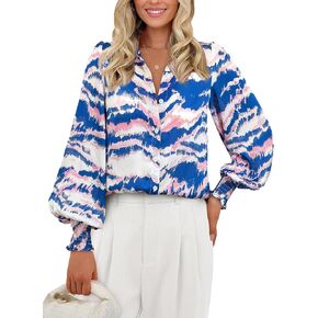 PRETTYGARDEN Womens Button Down Shirt V Neck Printed Long Sleeve Blouses Dressy Casual Fall Boho Tops