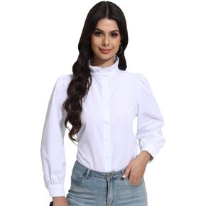 Womens 2024 White Button-Down Shirt Ruffle Stand Collar Long Sleeves Blouse Top Shirts
