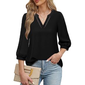 Unixseque Women's 3/4 Length Sleeve Blouses Chiffon V Neck Business Casual Tops Ladies Work Shirts