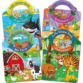 4 Pack 3D Puffy Sticker Book for Toddlers 2-4, Reusable Sticker Books for Toddlers 1-3, Farm, Dinosaurs, Ocean World, Wild Animal Sticker Activity Books for Girls Boys Birthday Gifts