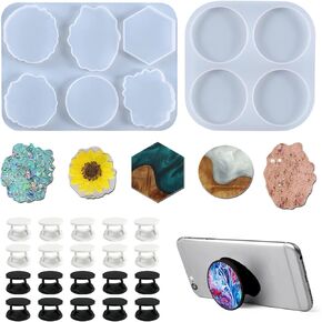 2 Pcs Phone Grip Resin Mold with 20 Pcs Blank Phone Socket Holders, Phone Grip Holder, Phone Finger Expanding Stand Holder, MaehSab On Top Phone Grip Silicone Resin Molds for Epoxy Casting Resin