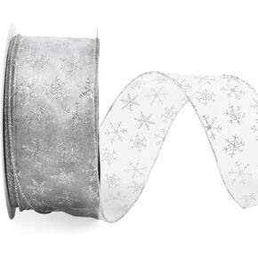 LaRibbons Snowflake Glitter Sheer Ribbon 2.5 Inches 50 Yards White Sheer Wired Ribbon for Christmas Tree Garland, Winter Wreath Bows, Gift Wrapping, Home Decor