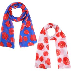 2 Pcs Veterans Day Red Poppy Flower Scarfs for Women Memorial Day Florals Shawl Wraps Lightweight Sheer Floral Scarf Poppy Flower Gifts Long Scarfs for Women Men Veterans Gift