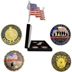 Challenge Coin Display Case with Military Individual Collectible Coins and American Flags Brooch,Gifts for Veterans