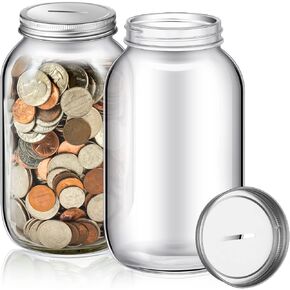 Skylety 2 Pack Large Coin Bank Jar Clear Glass Coin Jar Half Gallon Change Jar Adults Money Tip Saving Jar Piggy Bank Donation Coin Jar with Slotted Silver Lid for Kids Raffle Ticket Drawing Fund Box