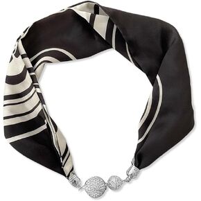 Women Silk Scarf Necklace Magnetic Buckle With Rhinestone Small Neckerchief Clavicle Chain Headdress Pendant Scarf