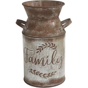 HIDERLYS 7.5" High Rustic Decorative Vase with Greetings, Metal Milk Can Country Jug for Living Room, Bedroom, Kitchen, Office