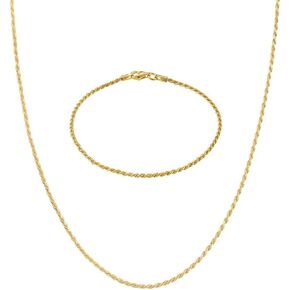 KISPER Solid 18K Gold Over 925 Sterling Silver Italian Diamond-Cut 1.5mm Necklace (24") & Bracelet (7") Bundle - Twisted Braided Rope Chain - Good for Men & Women - with Lobster Clasp - Made in Italy