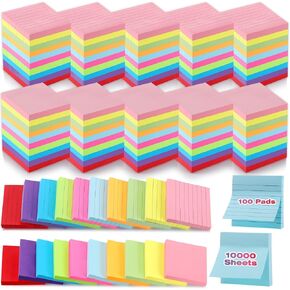 Fuutreo 100 Pad 10000 Sheet Sticky Notes Bulk 3 x 3 Inch Lined Self Stick Note Pad for Back to School First Day of School Student Teacher Classroom