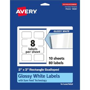 Avery Glossy White Rectangle Scalloped Labels with Sure Feed, 2" x 3", 80 Glossy White Labels, Print-to-The-Edge, Permanent Label Adhesive, Laser/Inkjet Printable Labels