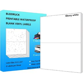 8.5" x 5.5" Half Sheet Glossy White Waterproof Sticker Shipping Labels, 2 Up Vinyl Address Lalebs for Laser or Inkjet Printers, 20 Sheets 40 Total Permanent Adhesive Labels