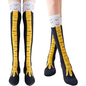 2 Pair Chicken Leg Socks, 3D Novelty Funny Knee-High & Mid-Calf Chicken Costume Feet Socks, Animal Paw Socks for Women Men Thanksgiving Xmas Birthday Party Stocking Stuffer Gifts
