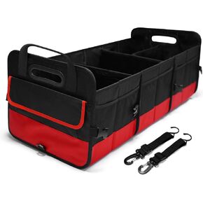Large Trunk Organizer Foldable Multi Compartment Car Trunk Storage Box with 2 Adjustable Straps Ideal for All Cars SUVs and Mini Trucks 4 Compartments Red