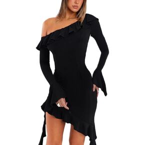 Lancifolium كشكش واحد الكتف كم طويل الربيع الصيف فستان قصير المرأة غير المتكافئة Bodycon مثير فساتين الحفلات الليلية in Kuwait