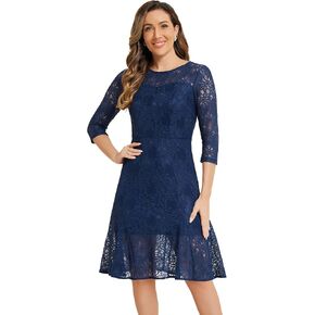 Allegra K Elegant Lace Dress for Women's 3/4 Sleeves Ruffles Bodycon Fishtail Dress