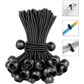8 Inch Tarp Bungee Balls Ties,50 PCS Ball Bungee Cords Heavy Duty Canopy Tie Downs for Camping, Shelter,Cargo,Projector Screen,Tent Poles with UV Resistant (Black)