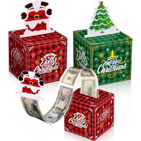 2 Sets Christmas Money Box for Cash Gift Pull Surprise with 30 Transparent Bags Xmas Cash Gift Boxes for DIY Family Friends Christmas Party(Rooftop Santa Claus and Christmas Tree)