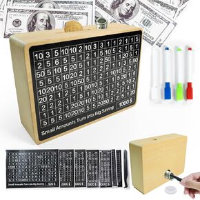Money Saving Box, Wooden Money Savings Bank with 8 Targets, Digital Piggy Bank for Adult and Students, Coin Bank Present for Friends, Money Saving Challenge Box 10000