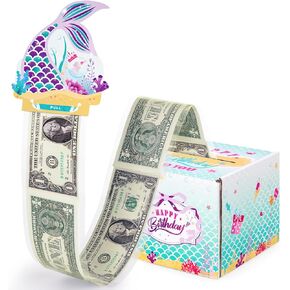 WERNNSAI Birthday Money Box for Cash Gift - Surprise Gift Mermaid Box for Money with Pull Out Card and 50 Pcs Transparent Bags for Kids Family Friends Mermaid Money Box Fun Ways to Give Cash as A Gift