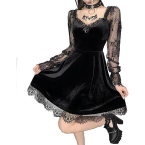 Women Lace Long Sleeve Dress Black Draped Bodycon Gothic Vintage Dresses Rave Outfit
