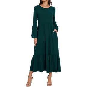 Women's Long Sleeve Crew Neck Swing Dress Flowy Tiered Maxi Fall Dress with Pockets