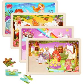 Wooden Puzzles Toys for Kids Ages 3-5, Set of 4 Packs with 20-Piece Unicorn Mermaid Princess Wood Jigsaw Puzzles, Preschool Educational Brain Teaser Toys for Girls 3 4 5 6 Years Old.