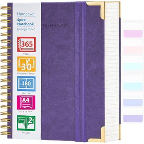 Spiral Notebook, 365 Page Hardcover College Ruled Notebook, 8.5" x 11", Large Leather Notebook Journal for Men Women, A4 Notebooks for Work School Notes, Journals for Writing, 24pcs Index Tabs, Purple