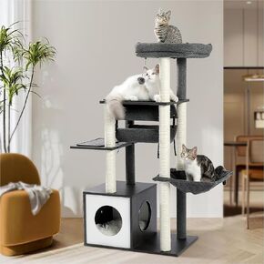 PEQULTI Cat Tree Modern Cat Tower for Indoor Cats,Multilevel Cat Play House with Large Condo, Spacious Hammock, Cozy Top Perch,Scratching Post and Dangling Balls