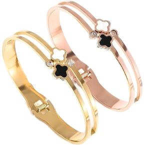 2Pcs 18K Gold Plated Plated Clover Lucky Bangle Bracelet,Black and White Shell& Zirconia Simulate Diamond Bangle,Buckled Nail Cuff Bold Bangle Bracelet Fashion Gifts For Woman Teen Girls
