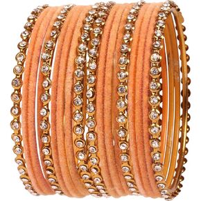 Touchstone Indian Bollywood Single Line Clear Rhinestone Coupled with Handcrafted Velvet Covered Gorgeous Color Designer Jewelry Bracelets Banagles Set of 18 for Women.