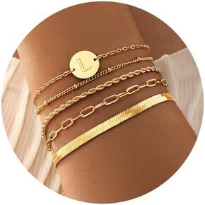 Gold Initial Bracelets for Women Stack 14K Real Gold Plated Dainty Letter Initial Bracelet Personalized Link Chain Cute Bracelet Jewelry for Women Trendy Non Tarinish