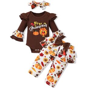 Crazyme Newborn Baby Girl Clothes My First Thanksgiving Outfits Toddler Girl Long Sleeve Ruffle Romper Pants Set