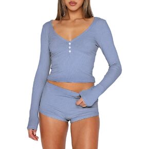 Womens 2 Piece Y2K Pajamas Set Long Sleeve Cropped Top Button Down V Neck Slim Fitted Shorts PJs Outfits Lounge Sets