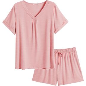 Ekouaer Pajamas Set Women's Short Sleeve 2 Piece PJ Sets V Neck Comfy Sleepwear Loungewear with Pockets S-XXL