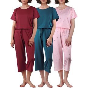 3 Pack Women's Pajama Sets Short Sleeve Sleepwear Top with Capri Pants Pjs Sets Soft Printed Women Pajamas Set