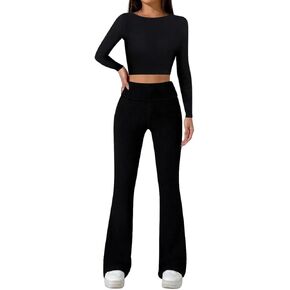 Sweet Hearts 2 Piece Lounge Sets for Women- Flare Leggings Long Sleeve Crop Top Fall 2 Piece Pajama Sets Made in USA