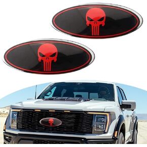 2 PCS Car Front Grille Badge, ABS Base + Metal Cool Skull Design Vehicle Central Grille Decorative Sticker, Non-Destructive Installation Accessories, for Ford F150 F250 (Black & Red)