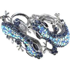 Alilang Silvery Golden Blue Topaz Multicolored Rhinestones Lizard Gecko Reptile Bangle Cuff Bracelet