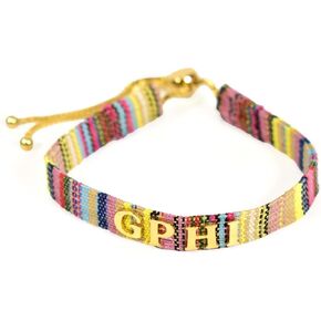 Sorority Shop Gamma Phi Beta Bracelet — Multi-Color Woven Bracelet with Gold-plated Sorority Nickname and Adjustable Clasp
